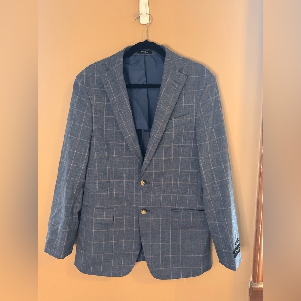 Pronto Uomo Modern Fit Stretch Blue Windowpane Sport Coat Blazer 38 Regular